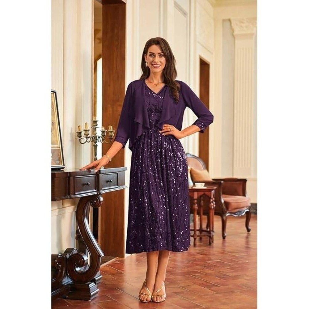 Grace Karin Purple Sequin Midi Dress & Chiffon Jacket Outfit Size‎ 12